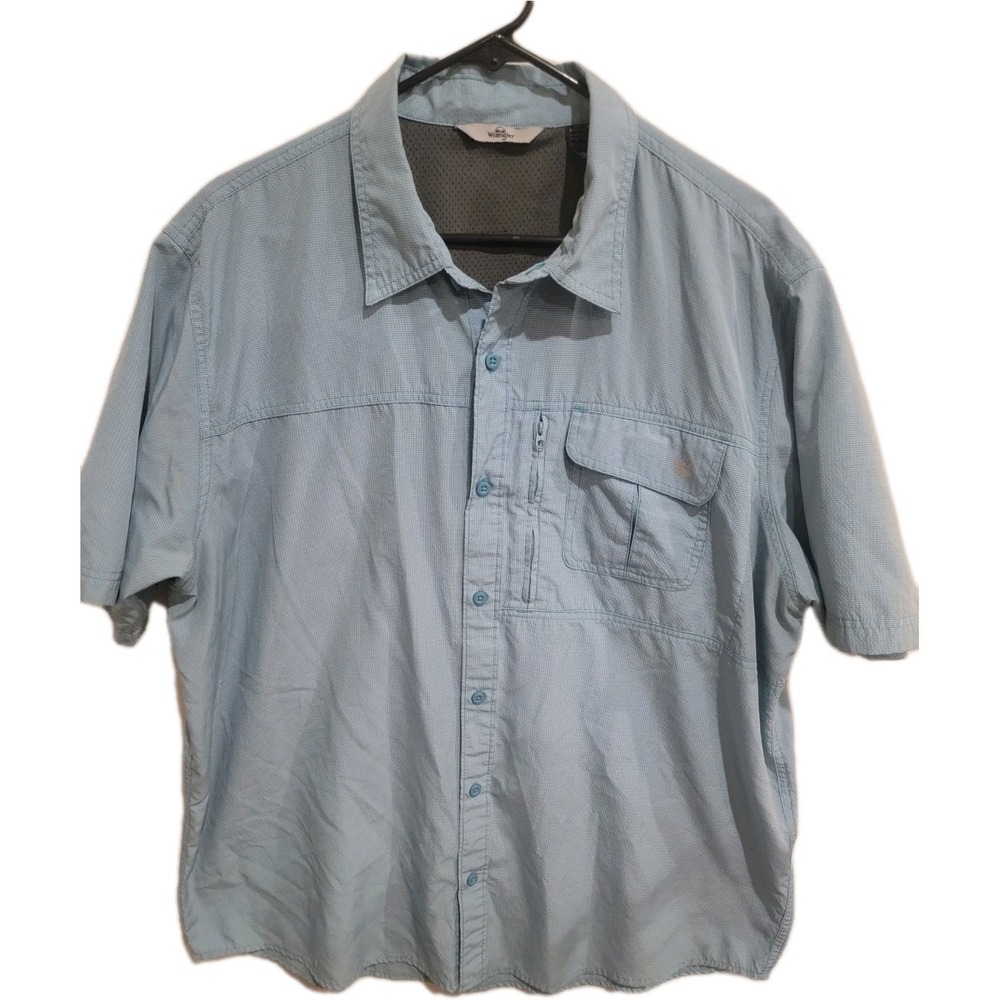 Wrangler Mens XL Outdoor Shirt Blue Plaid Short Sleeve Button Up Ventilated Fish